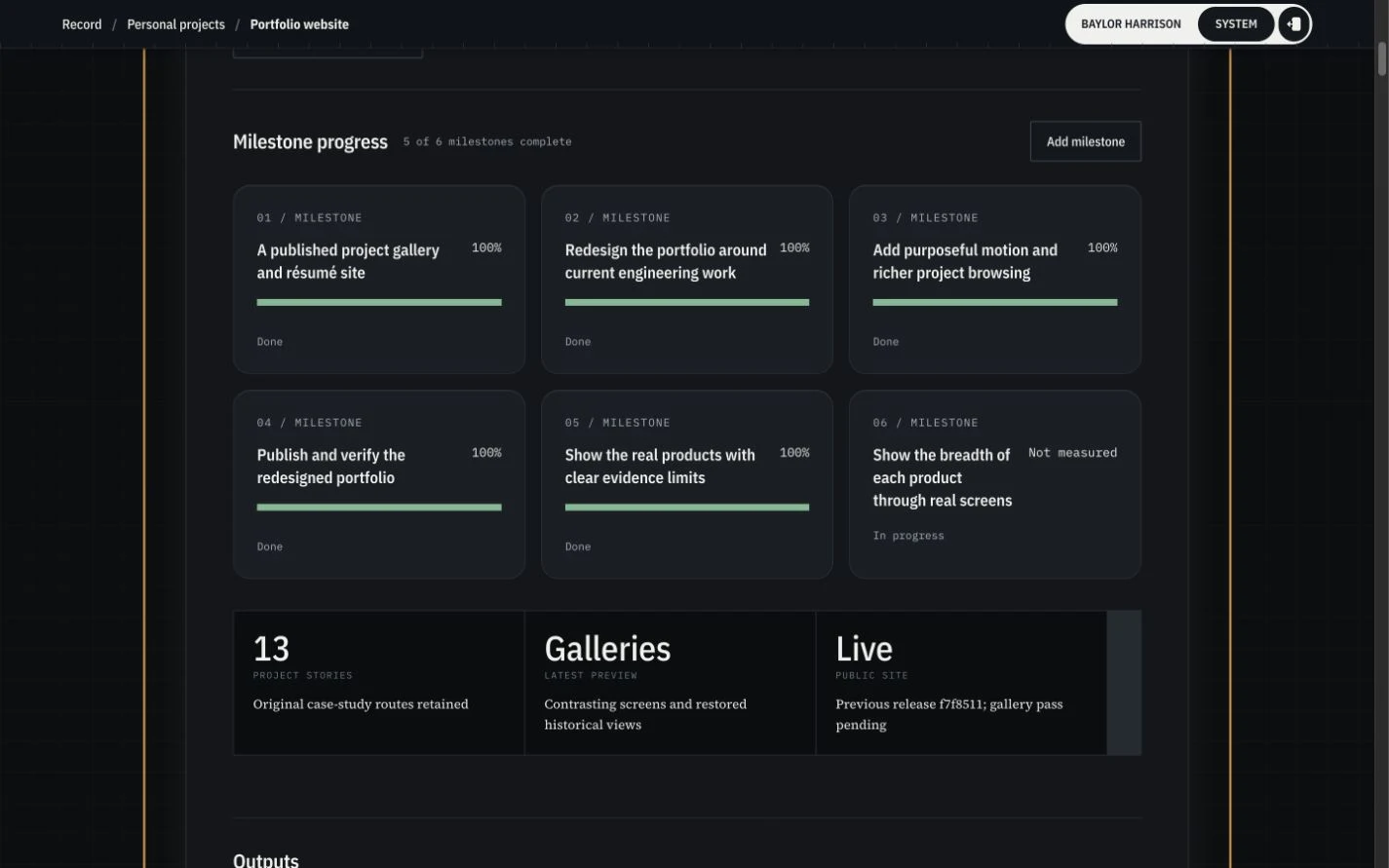 The Record milestone grid grouping completed outcomes and remaining work