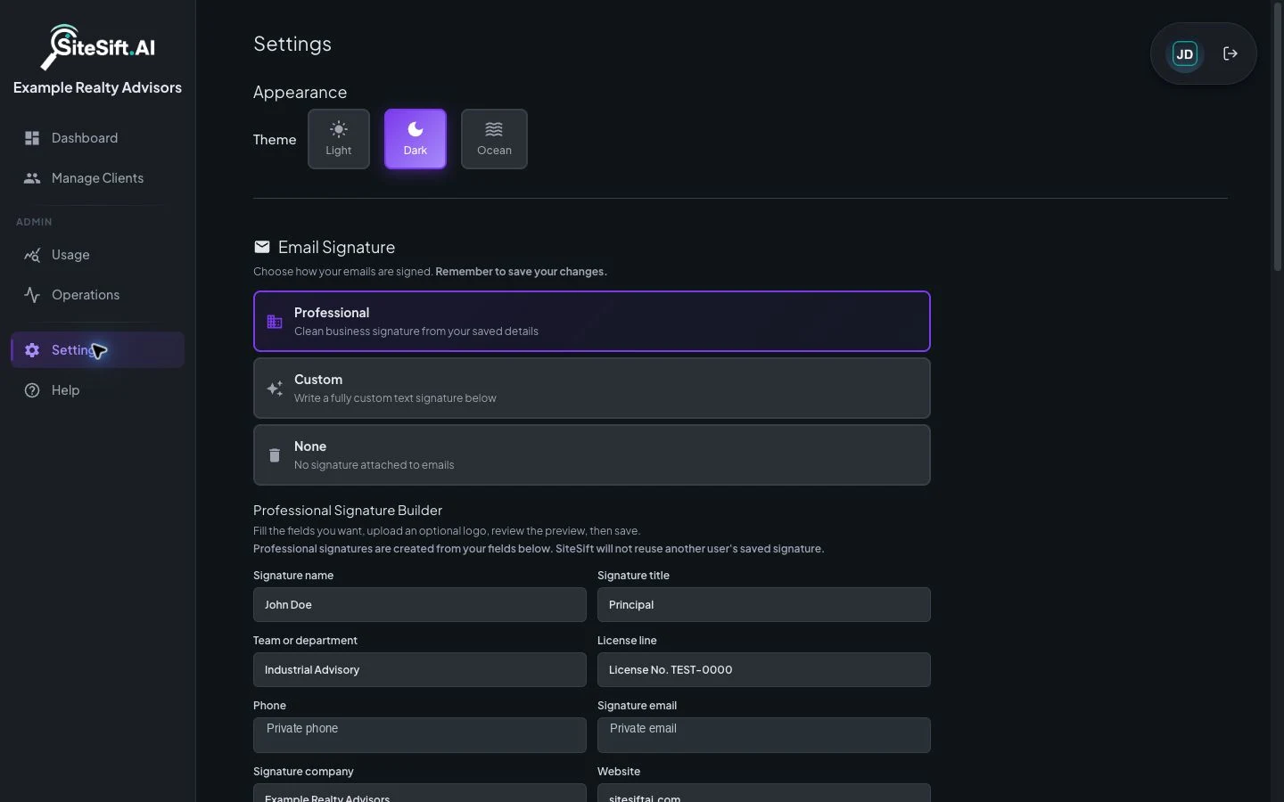 SiteSift settings with appearance and signature configuration