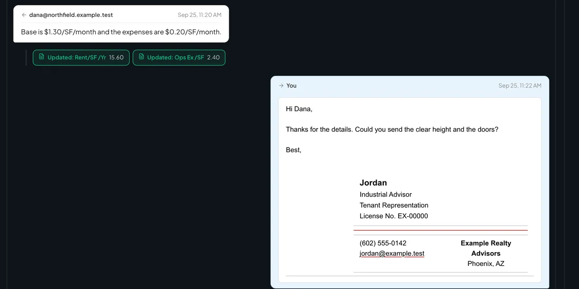 A broker’s message with two green chips, followed by a short reply