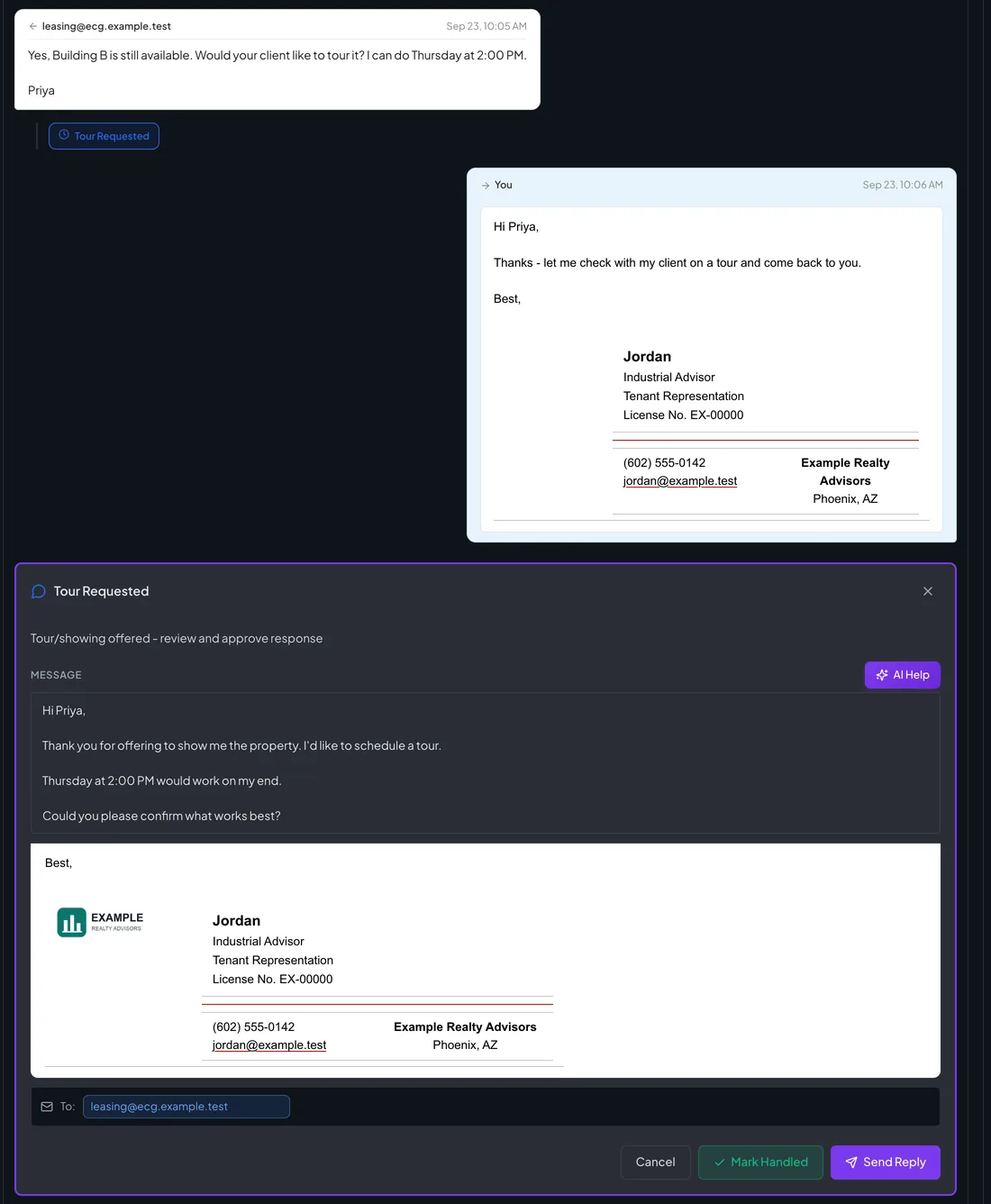 A broker’s message, a short reply, and a card with a drafted answer