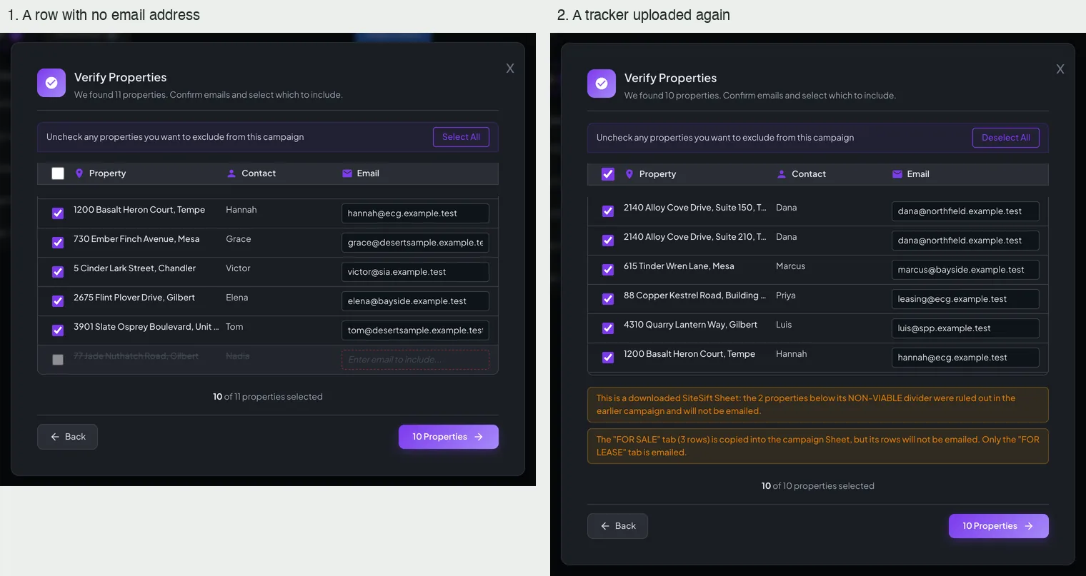 Two wizard dialogs listing properties with ticks, one with two amber warnings
